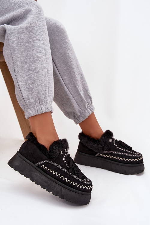 Damskie Śniegowce Na Platformie Z Futerkiem I Frędzlami Czarne Ferayne