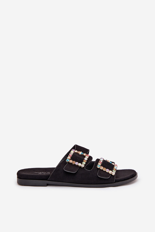Slides With Buckles On Flat Heel Black Tovira