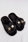 Fur Ladies Slippers With Bow And Golden Decoration Black Nolara
