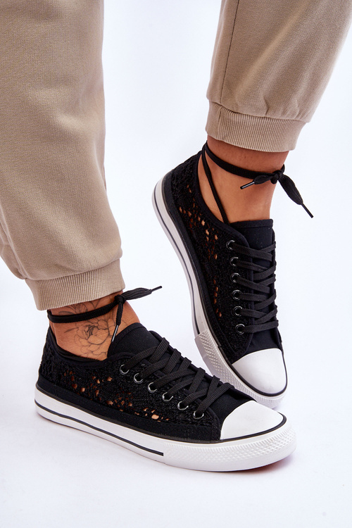 Trampki Damskie Ażur Materiał Czarne Fergo