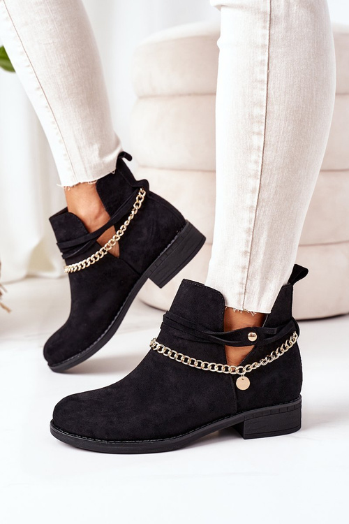 Zamszowe Botki Z Łańcuszkiem Czarne Elvira