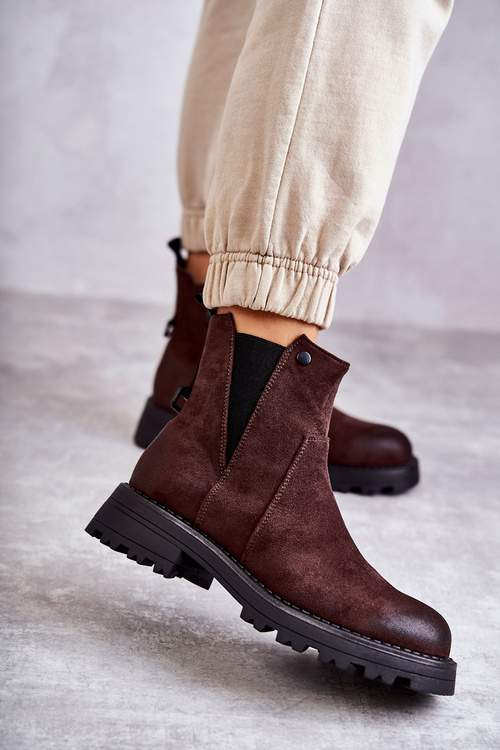 Botki Workery Zamsz Ocieplane Płaski Obcas Brązowe Salome