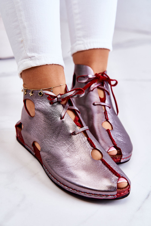 Botki Skórzane Z Wycięciami Maciejka Srebrno-Czerwone 03426-20