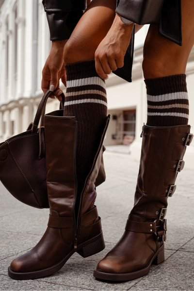 Women's Over-the-Knee Socks Striped With Straps Chocolate