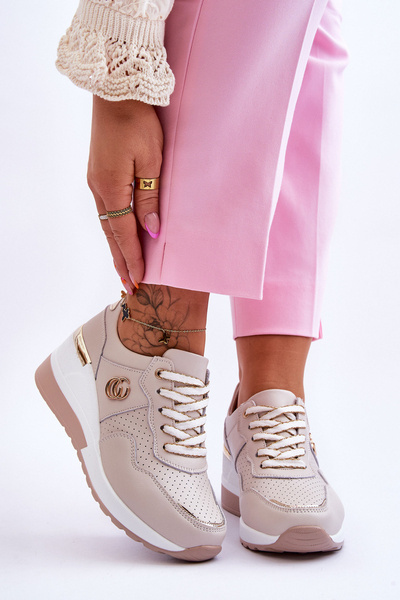 Buty Sportowe Damskie Skóra Koturn Beżowe Rebeca