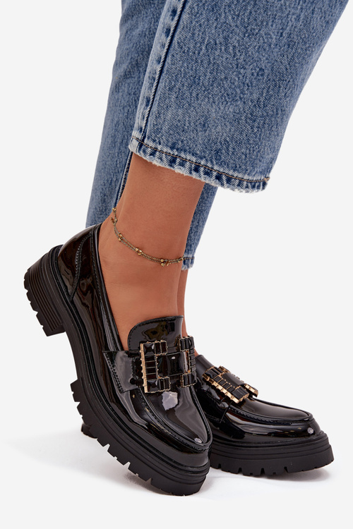 Damskie Lakierowane Eko Skórzane Mokasyny Z Ozdobą Czarne Ysandra