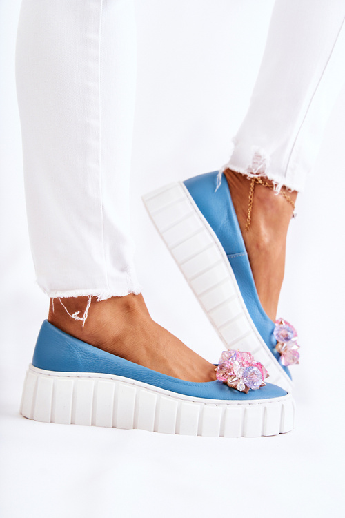 Leather Ballerinas On A Platform With A Ornament Blue and White Ladette