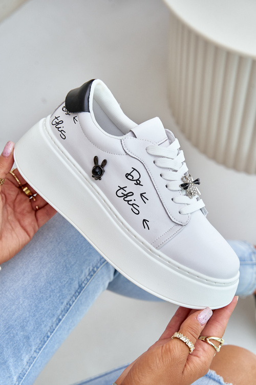 Women's Leather Sneakers On Platform With Clip And Text 89102 White