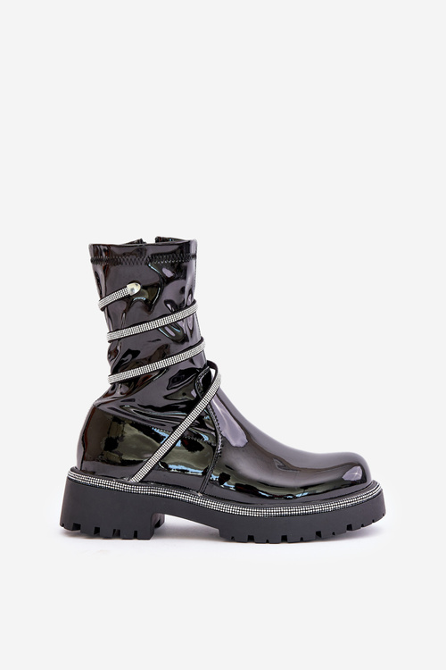 Lacquered Ankle Boots With Decoration Black Kikizelle