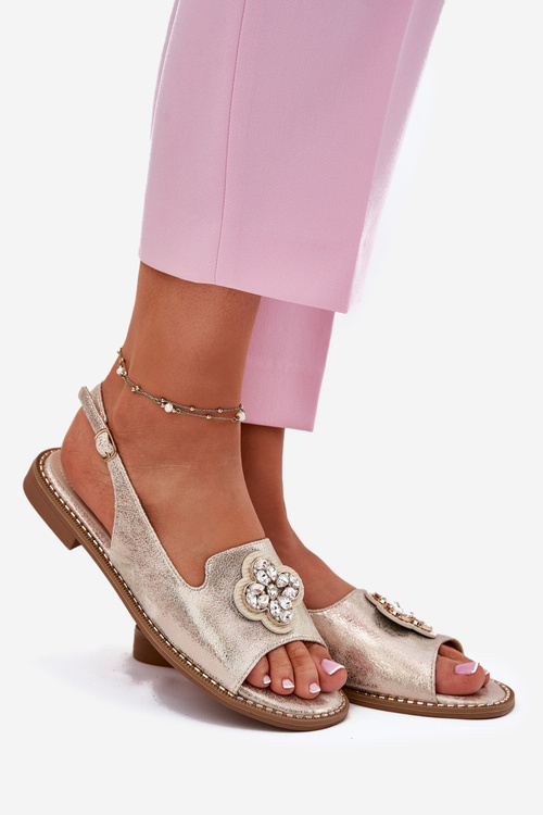 Sandały Damskie Ozdobny Detal Płaski Obcas Złote S.Barski KV51-080