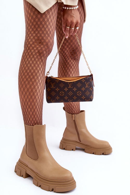 Leather Ankle Boots on Flat Heel and Platform Beige Solita