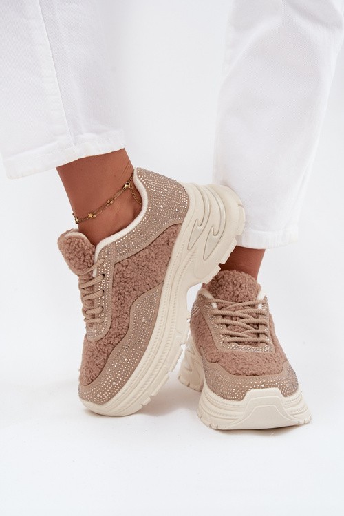 Women's Sneakers With Zirconia And Sheep Fur Beige Zarika