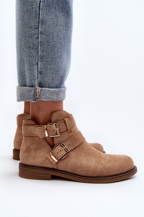 Botki Damskie Płaski Obcas Paski Beżowe Melviana A2901-63