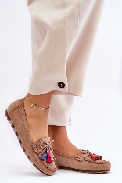 Suede Loafers With Bow And Fringes Dark beige Dorine