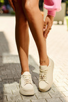 Women's Leather Platform Sneakers with Bow Beige Vinceza 66641