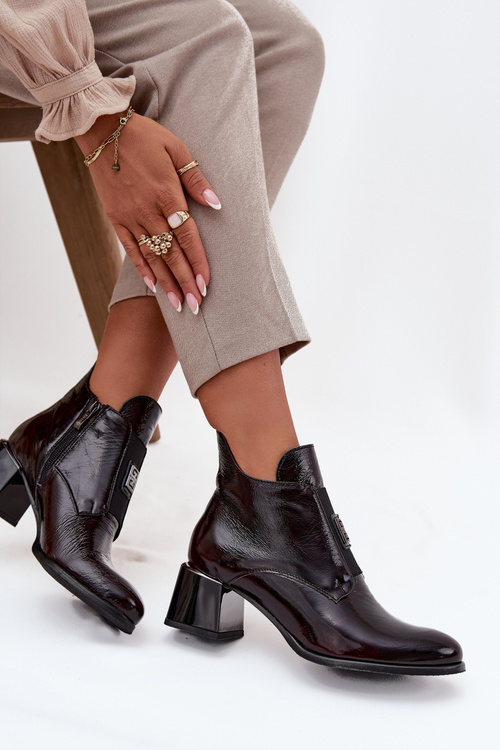 Damskie Botki Obcas Klocek Ocieplane Ozdobny Detal Skóra Bordowe Zazoo 60560