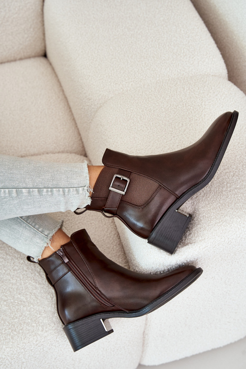 Sztyblety Botki Ocieplane Niski Obcas Złota Klamra Brązowe Vomera