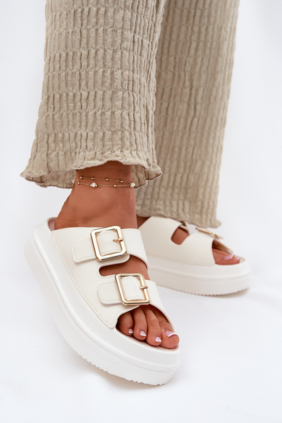 Women's Platform Sandals With Golden Buckles Ecru Zorila
