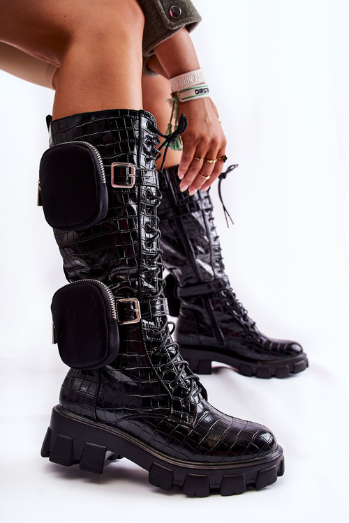 Ocieplane Kozaki Z Torebkami I Zwierzęcym Wzorem Czarne Military