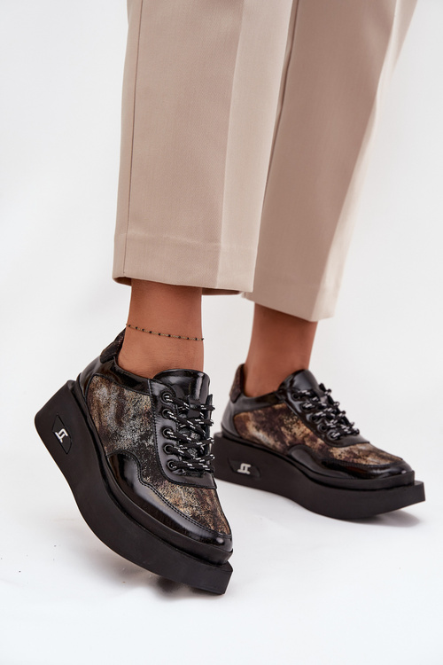 Leather Lace-up Women's Shoes on Platform Artiker 57C2042 Black-Gold