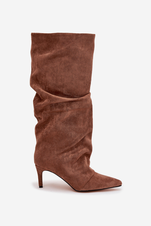 Wrinkled High Heel Boots Made of Eco Suede Lined Dark Beige Mavella