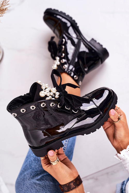 Insulated Boots With Pearls And Ribbon Patent Black Perla