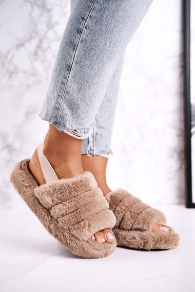 Women's Furry Slippers on the Platform Brown Khaki Snowflake