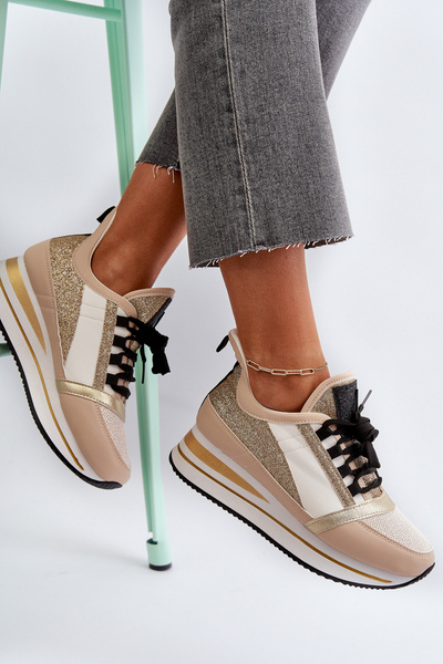 Sneakersy Damskie Platforma Koturn Brokat Rafani Złote A-59