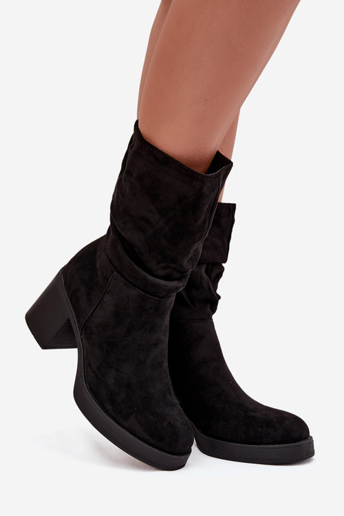 Women's Booties With Gathering On The Block Heel Warm Black Amoria