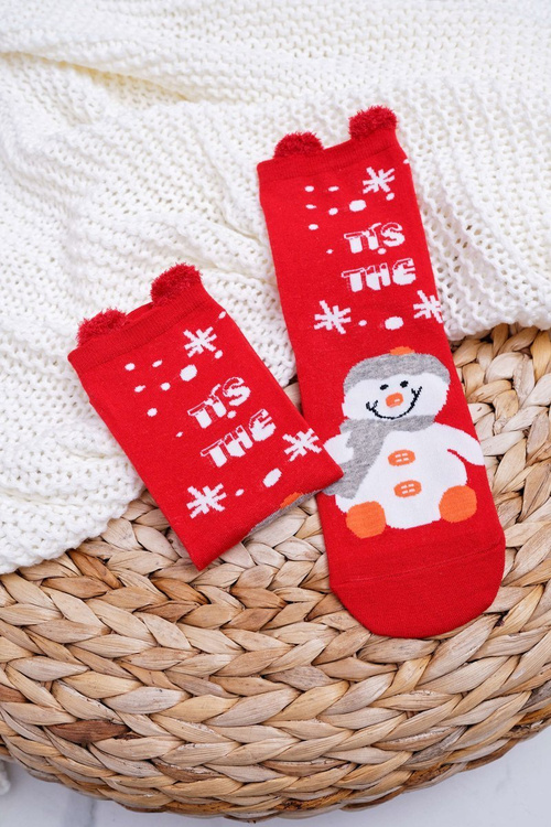 Women's Christmas Socks Red With Ears and Snowman
