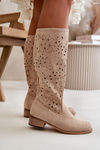 Ladies Perforated Ankle Boots On Low Heel Eco Suede Zip Fastening Light Beige Orchides