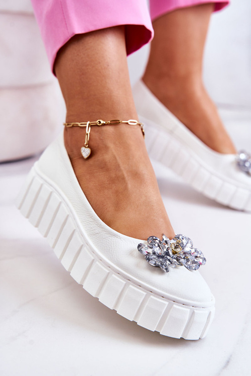 Leather Ballerinas On A Platform With A Ornament White Ladette