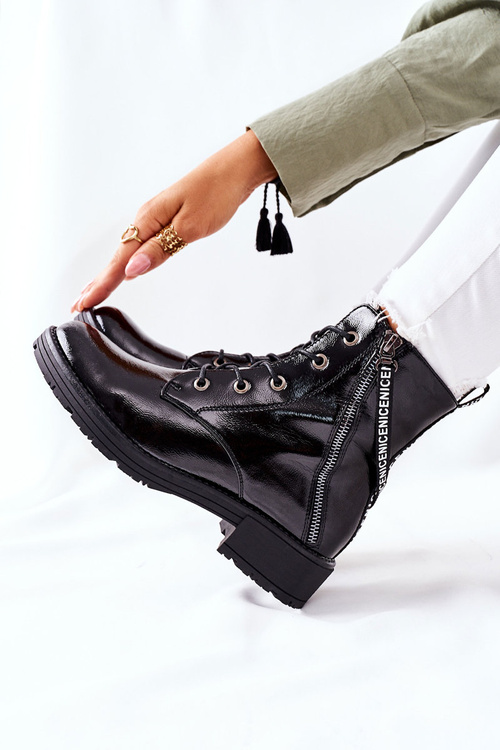 Women's Flat Boots Workers Lacquered Black Goorey