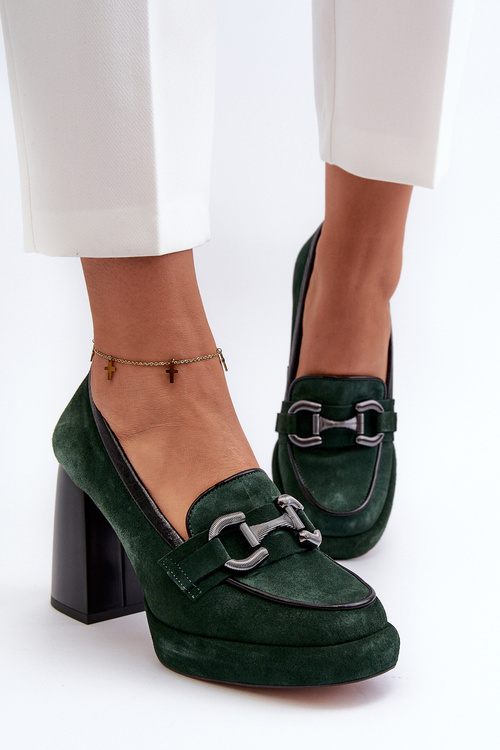 Leather Pumps on Chunky Heel Laura Messi 2706 Dark Green