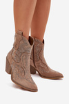 Warm Ladies Ankle Boots Cowboy Style With Decoration Beige Lelira
