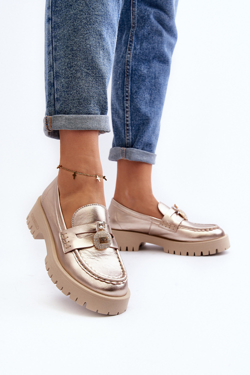 Leather Loafers with CheBello 4291 Gold Decoration