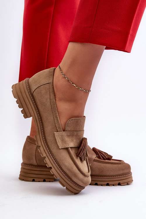 Zazoo 3469 Suede Women's Loafers With Fringes Beige