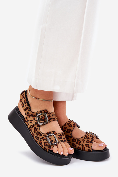 Ladies Platform And Wedge Sandals With Buckles Leopard Brown Genorre