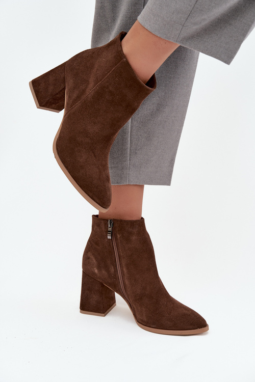 Ankle boots made of natural suede with block heel insulated brown Zazoo 3128