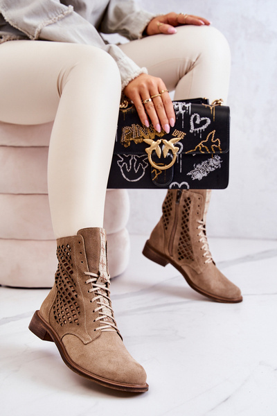 Openwork Suede boots with tied Nicole Beige 2696