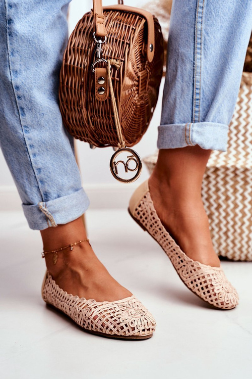 Lu Boo Damskie Baleriny Beżowe Ażurowe Plecione Carry