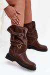 Wrinkled Women's Boots To The Middle Of The Leg With Straps And Buckles Brown Halvessa