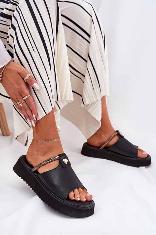 Leather Ladies Platform Slippers With Decorative Strap D&A MK51-475 Black