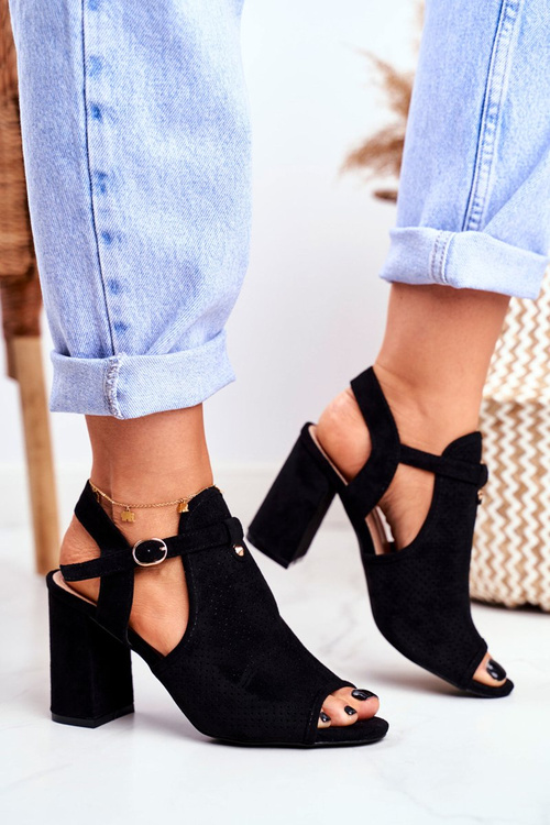 Sandały Damskie Na Słupku Ażurowe Czarne Kira