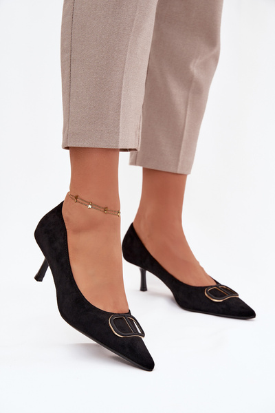 Damskie Eko Zamszowe Szpilki Z Ozdobą Czarne Amelora