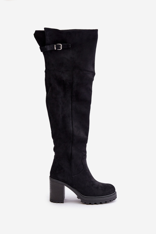 Kozaki Damskie Obcas Słupek Eko Zamszowe Z Cholewką Za Kolano Ocieplane Czarne Niaviera