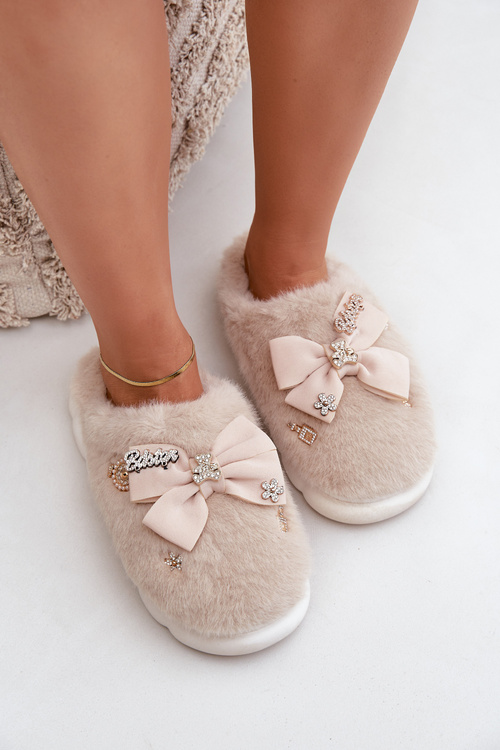 Furry Slippers With Bow And Embellishments Beige Annalira