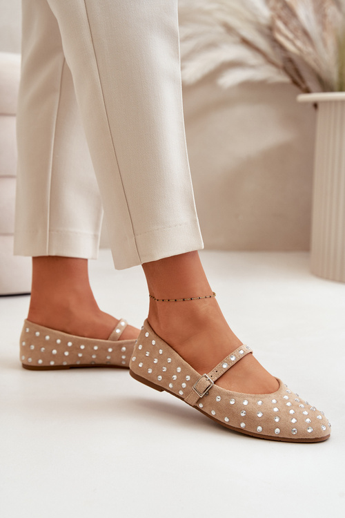 Embellished Ballerinas With Strap Eco Suede Beige Tirilissa