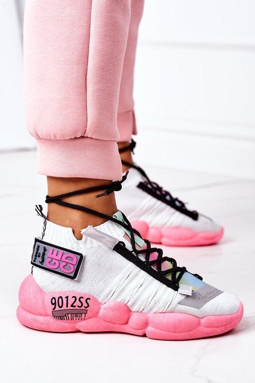 Sneakersy Sportowe Buty Wiązane Biało-Różowe Bubble Tea