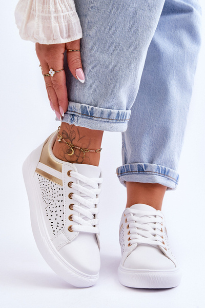 portowe Buty Klasyczne Ażurowy Wzór Białe-Złote Happier